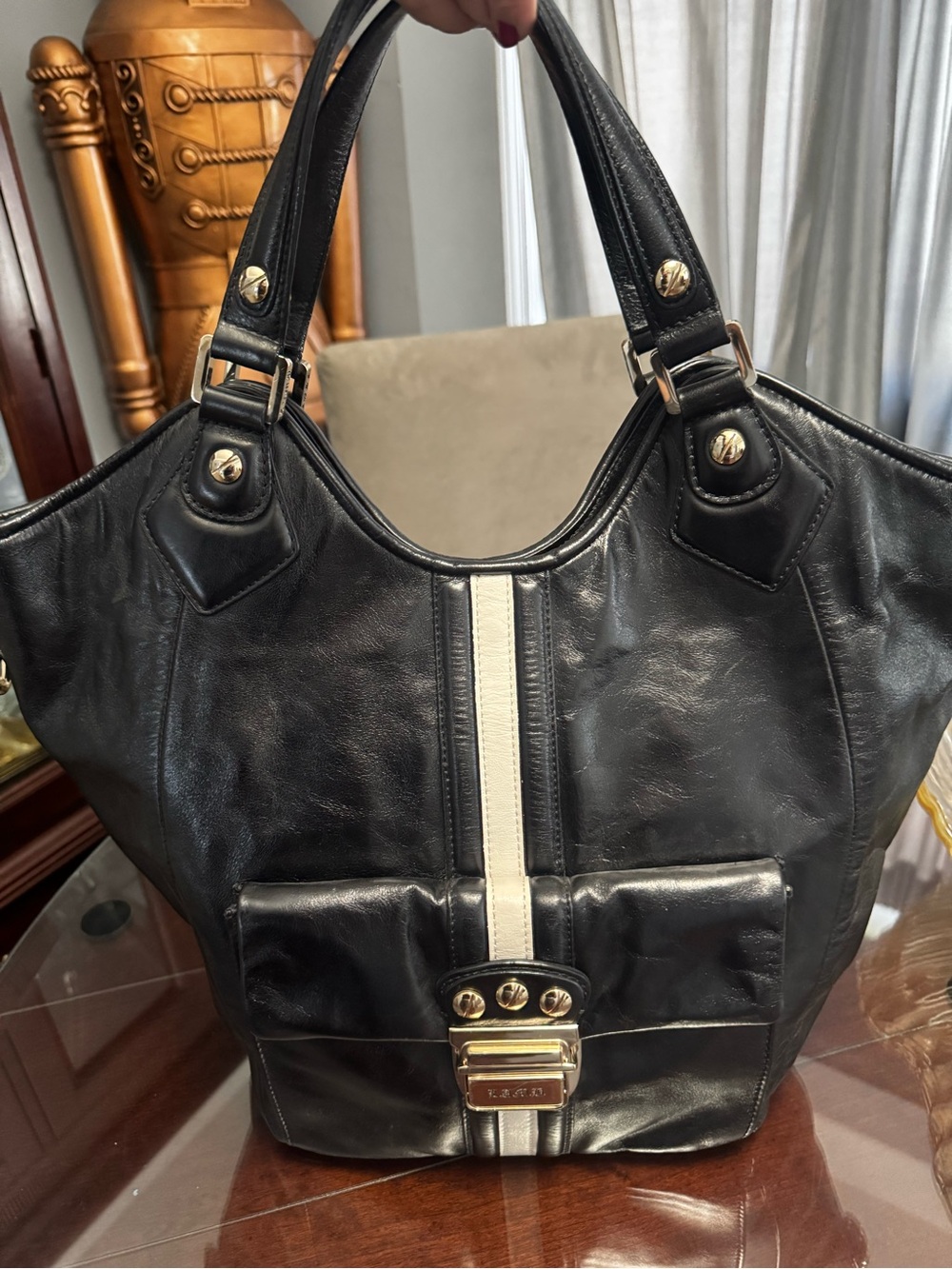 L.A.M.B. Black Tote with Ivory Center Stripe